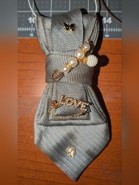 Silk Tie Necklace - Gold 'LOVE' & Pearl Accent Tie Bar Set - Gold and Pearl